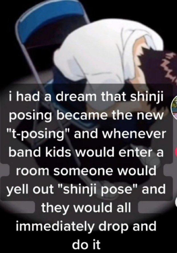 i had a dream that shinji posing became the new "t-posing" and whenever band kids would enter a room someone would yell out "shinji pose" and they would all immediately drop and do it
