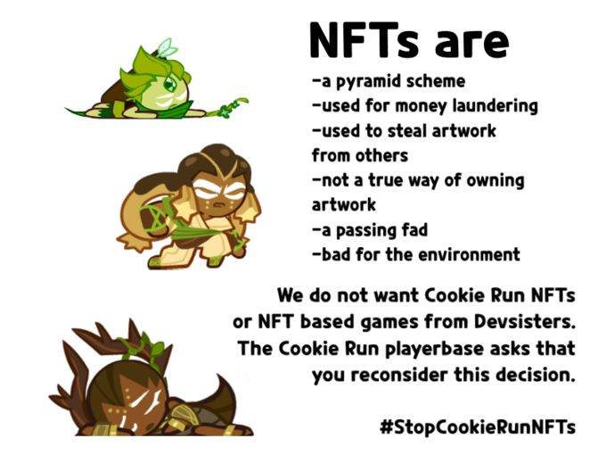 NFTS are -a pyramid scheme -used for money laundering -used to steal artwork from others -not a true way of owning artwork -a passing fad -bad for the environment We do not want Cookie Run NFTS or NFT based games from Devsisters. The Cookie Run playerbase asks that you reconsider this decision. #StopCookieRunNFTs