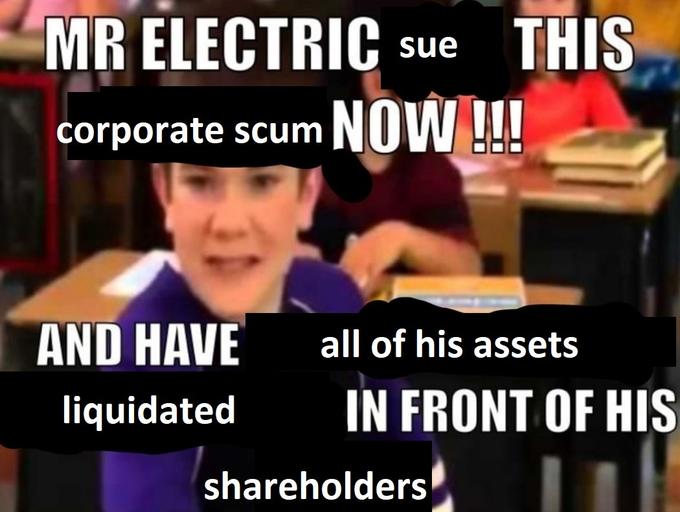MR ELECTRIC sue THIS corporate scum NOW !! AND HAVE all of his assets liquidated IN FRONT OF HIS shareholders