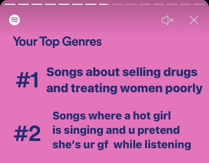 Your Top Genres Songs about selling drugs #1 and treating women poorly Songs where a hot girl #2 is singing and u pretend she's ur gf while listening