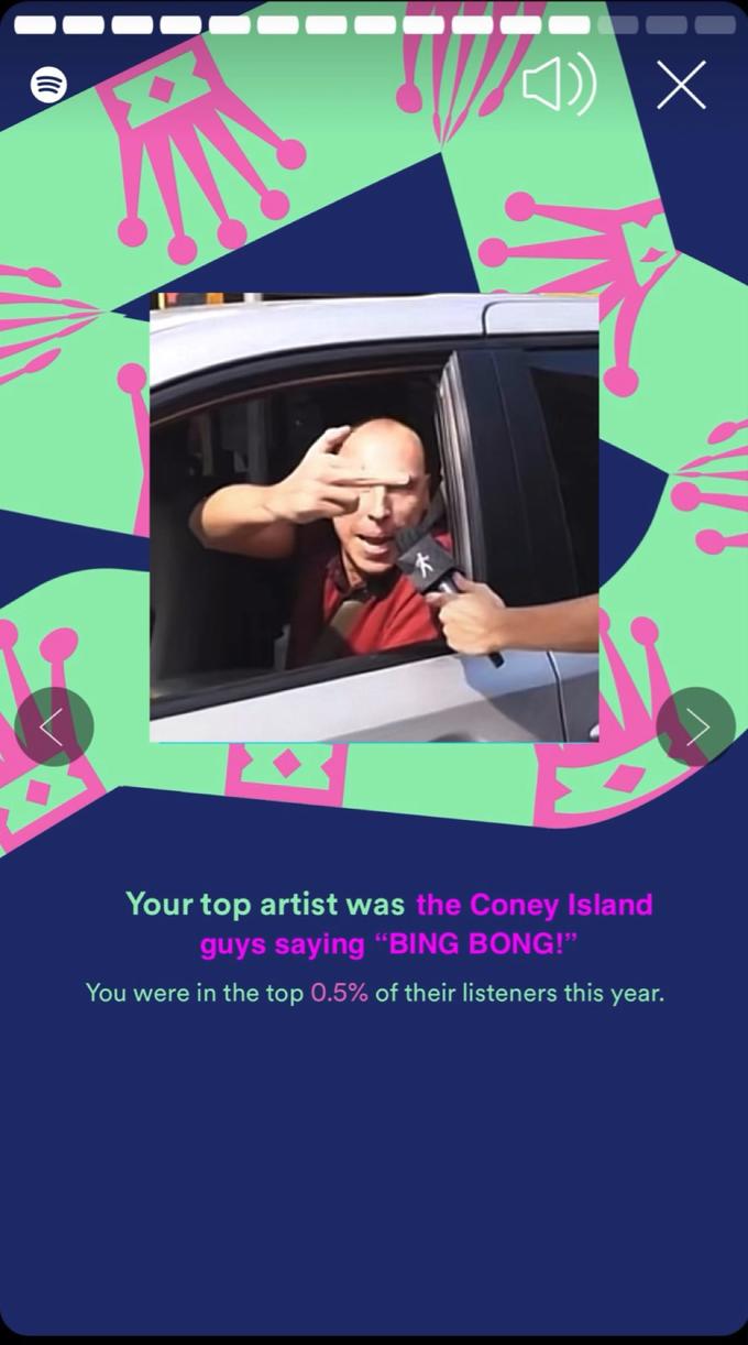 1) Your top artist was the Coney Island guys saying “BING BONG!" You were in the top 0.5% of their listeners this year.