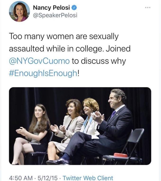 Nancy Pelosi @SpeakerPelosi Too many women are sexually assaulted while in college. Joined @NYGovCuomo to discuss why #EnoughlsEnough! 4:50 AM - 5/12/15 · Twitter Web Client