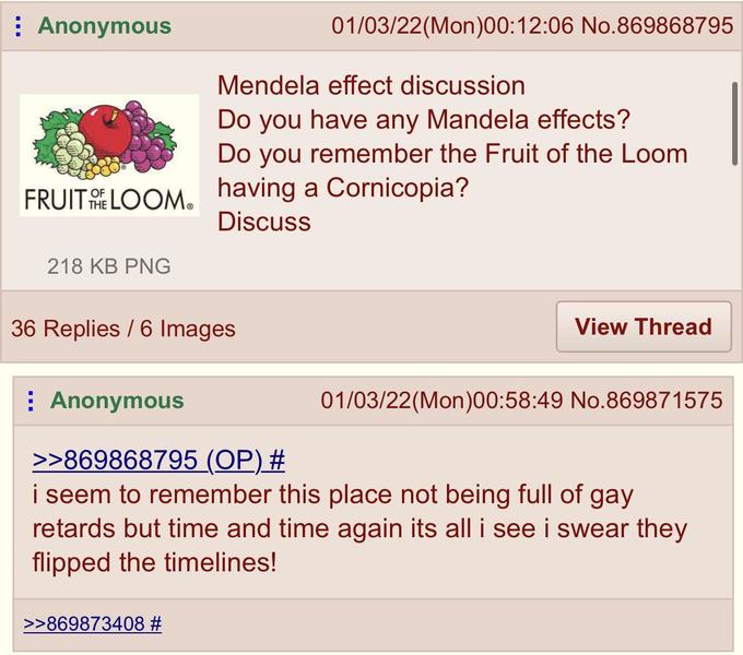 : Anonymous 01/03/22(Mon)00:12:06 No.869868795 Mendela effect discussion Do you have any Mandela effects? Do you remember the Fruit of the Loom having a Cornicopia? FRUITELOOM. THE Discuss 218 KB PNG 36 Replies / 6 Images View Thread : Anonymous 01/03/22(Mon)00:58:49 No.869871575 >>869868795 (OP) # i seem to remember this place not being full of gay retards but time and time again its all i see i swear they flipped the timelines! >>869873408 #