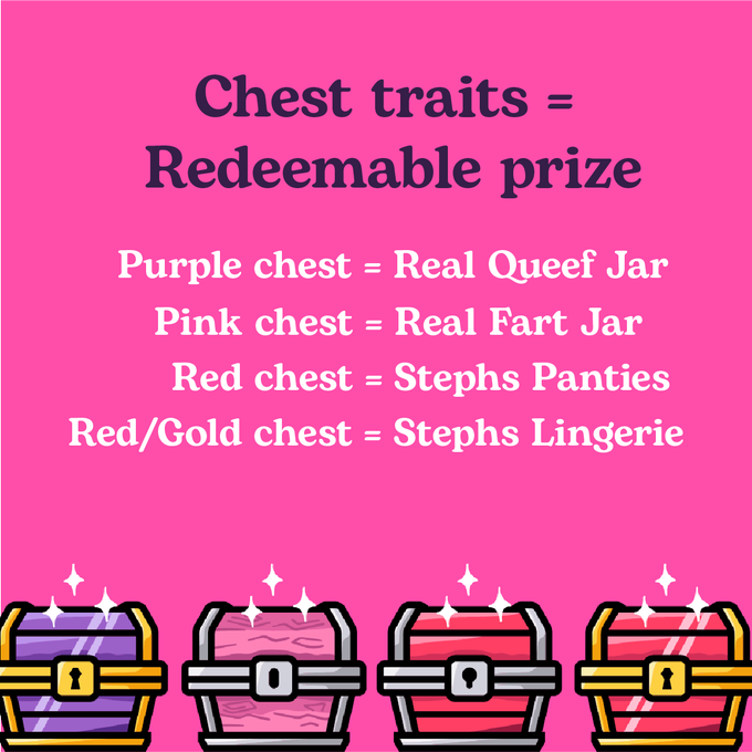 Chest traits = Redeemable prize Purple chest = Real Queef Jar Pink chest = Real Fart Jar Red chest = Stephs Panties %3D Red/Gold chest = Stephs Lingerie