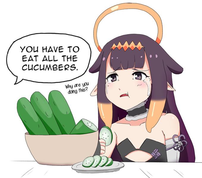YOU HAVE TO EAT ALL THE CUCUMBERS. Why are you doing this? C.