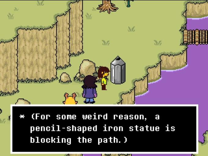 創1 * (For some weird reason, a pencil-shaped iron statue is blocking the path. )