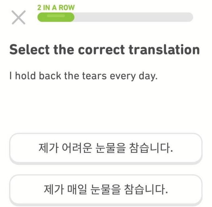 2 IN A ROW Select the correct translation I hold back the tears every day. 제가 어려운 눈물을 참습니다. 제가 매일 눈물을 참습니다.