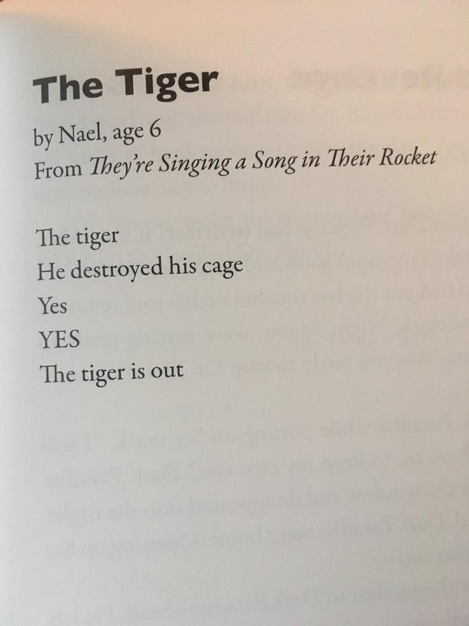 The Tiger by Nael, age 6 From They're Singing a Song in Their Rocket The tiger He destroyed his cage Yes YES The tiger is out