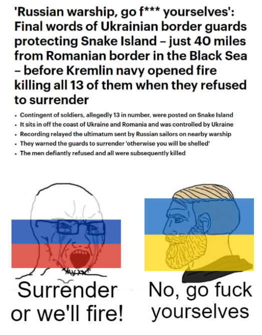 'Russian warship, go f** yourselves': Final words of Ukrainian border guards protecting Snake Island - just 40 miles from Romanian border in the Black Sea - before Kremlin navy opened fire killing all 13 of them when they refused to surrender • Contingent of soldiers, allegedly 13 in number, were posted on Snake Island · It sits in off the coast of Ukraine and Romania and was controlled by Ukraine • Recording relayed the ultimatum sent by Russian sailors on nearby warship • They warned the guards to surrender 'otherwise you will be shelled' · The men defiantly refused and all were subsequently killed Surrender or we'll fire! No, go f--- yourselves
