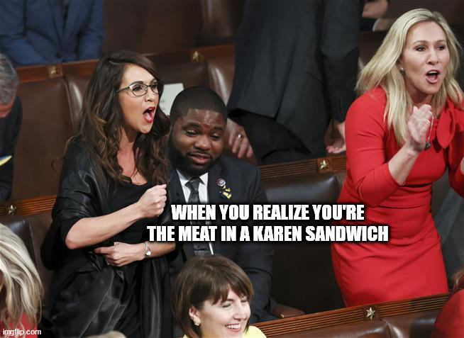 WHEN YOU REALIZE YOU'RE THE MEAT IN A KAREN SANDWICH imgflip.com