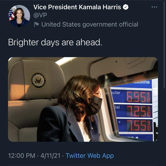 Vice President Kamala Harris @VP N United States government official Brighter days are ahead. THE NT @sirajahashmi ular 6.95 7254 1.55% ial 12:00 PM · 4/11/21 · Twitter Web App VICE