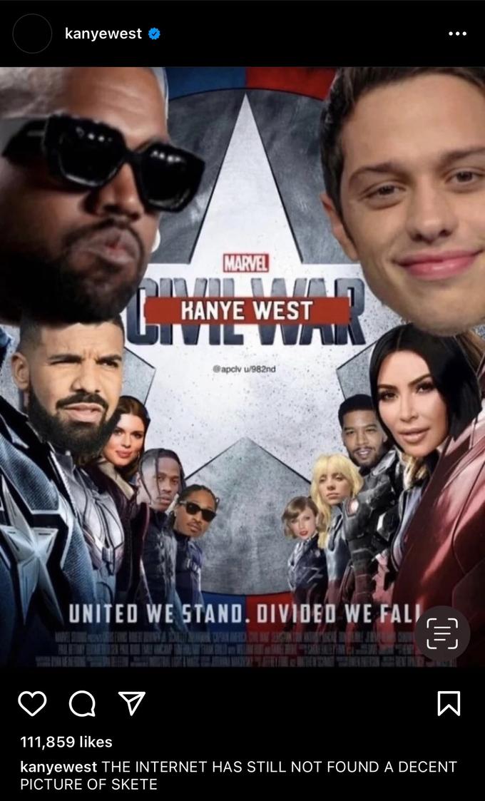 kanyewest ••• MARVEL 1והה ןר KANYE WEST MIWA @apciv u/982nd UNITED WE STAND. DIVIDED WE FALI ♡ a ♡ 111,859 likes kanyewest THE INTERNET HAS STILL NOT FOUND A DECENT PICTURE OF SKETE