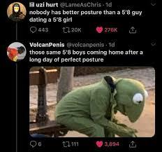 lil uzi hurt @LameAsChris - 1d nobody has better posture than a 5'8 guy dating a 5'8 girl Q 443 276K VolcanPenis evolcanpenis - 1d those same 5'8 boys coming home after a long day of perfect posture 3,894