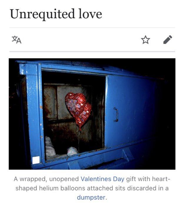 Unrequited love A wrapped, unopened Valentines Day gift with heart- shaped helium balloons attached sits discarded in a dumpster.
