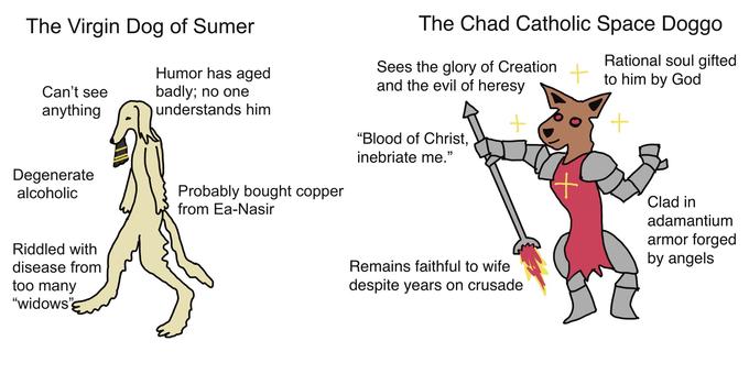 The Virgin Dog of Sumer The Chad Catholic Space Doggo Rational soul gifted Sees the glory of Creation t to him by God Humor has aged badly; no one understands him and the evil of heresy Can't see anything "Blood of Christ, inebriate me." Degenerate alcoholic Probably bought copper from Ea-Nasir Clad in adamantium armor forged by angels Riddled with disease from Remains faithful to wife too many despite years on crusade "widows"