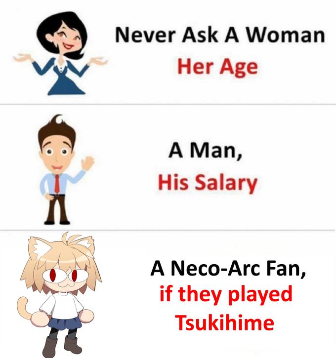 Never Ask A Woman Her Age A Man, His Salary A Neco-Arc Fan, if they played Tsukihime