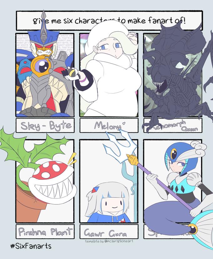 give me six charact to make fanart of! WHO'S THE SMARTEST WHO'LL DRI NEVER LET O ME! WHO'S TA SMARTEST Ss ORIVE P WHO'S THE TE, THAT'S ME POUND? AND SKY-BYTE, THA DUND? WHO'S TE, THAT'S ME POUND? AND BK ATE, THA HO Sley-Byte Melony OMorph Queen Pirahna Plant Gawr Cura template by @mcapriglioneart #SixFanarts