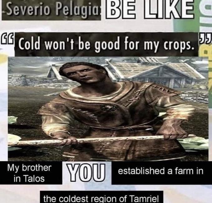 Severio Pelagia BE LIKE O GG Cold won't be good for my crops. 55 My brother YOU in Talos established a farm in the coldest region of Tamriel