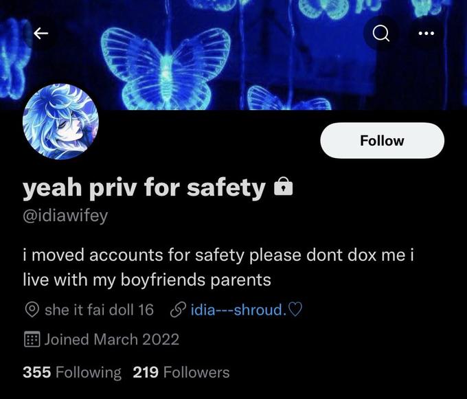 Q Follow yeah priv for safety ô @idiawifey i moved accounts for safety please dont dox me i live with my boyfriends parents O she it fai doll 16 P idia---shroud.O 9 Joined March 2022 355 Following 219 Followers
