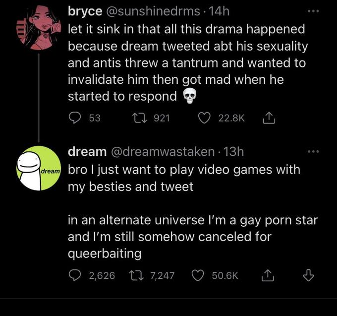 bryce @sunshinedrms · 14h let it sink in that all this drama happened because dream tweeted abt his sexuality and antis threw a tantrum and wanted to invalidate him then got mad when he started to respond 53 27 921 22.8K dream @dreamwastaken · 13h dream bro I just want to play video games with my besties and tweet in an alternate universe l'm a gay p--- star and I'm still somehow canceled for queerbaiting 2,626 L7 7,247 50.6K