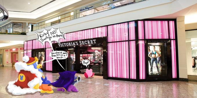 Kirby' NO! Dontgo in there! VICTORIA'S SECRET VICTORIA'S SECRET yov should real Keep him on a leash... Poyo! OANEAD. TRY ME. T MAS