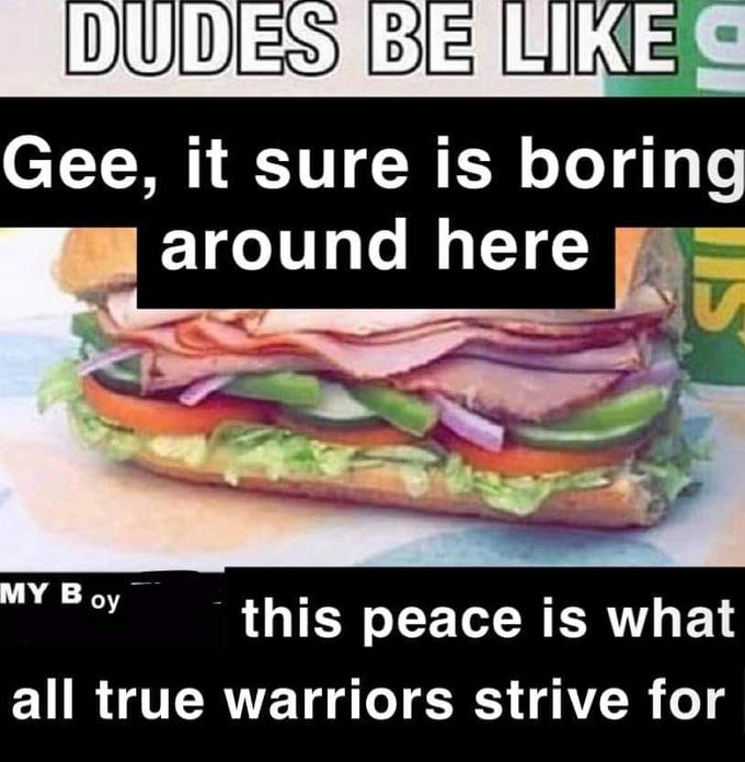 DUDES BE LIKE O Gee, it sure is boring around here MY B oy this peace is what all true warriors strive for