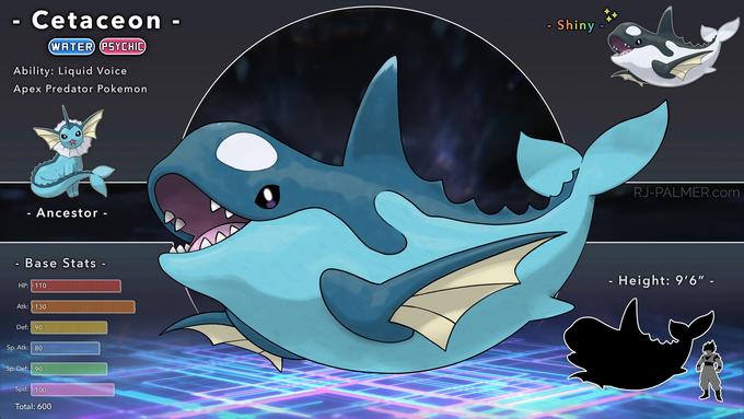Cetaceon - - Shiny WATER PSYCHIC Ability: Liquid Voice Apex Predator Pokemon RJ-PALMER.com - Ancestor - Base Stats - - Height: 9'6" - HP: 110 Atk: 130 Def: 90 Sp. Atk: 80 Sp. Def: 90 Spd: 100 Total: 600