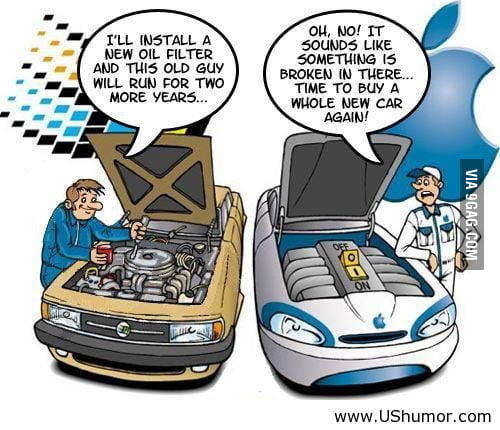 I'LL INSTALL A NEW OIL FILTER AND THIS OLD GUY WILL RUN FOR TWO MORE YEARS... OH, NO! IT SOUNDS LIKE SOMETHING IS BROKEN IN THERE... TIME TO BUY A WHOLE NEW CAR AGAIN! VIA 9GAG.COM www.UShumor.com