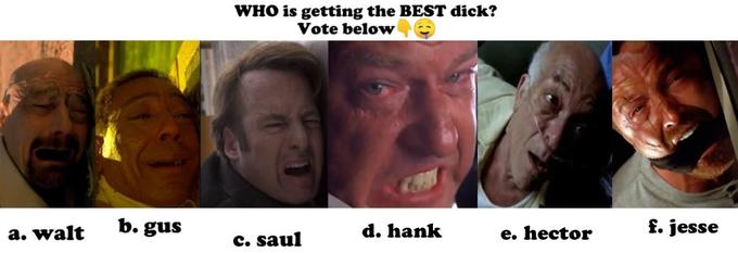a. walt b. gus WHO is getting the BEST d---? Vote below d. hank c. saul e. hector f. jesse