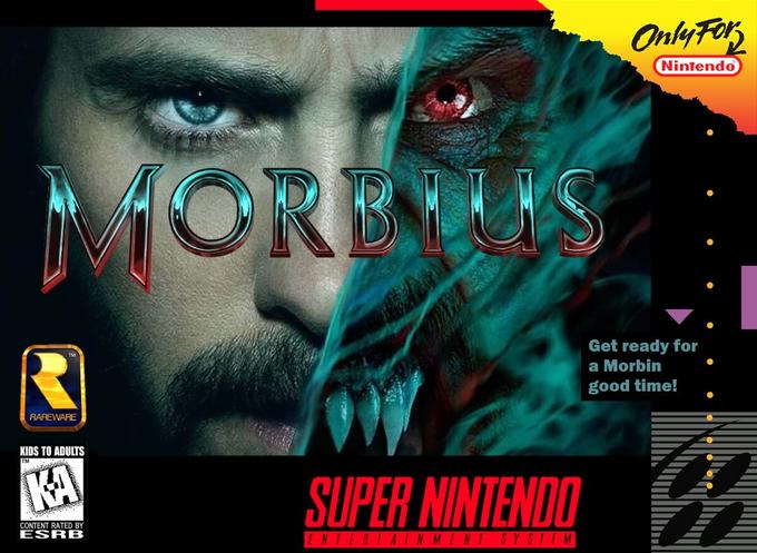 MORBIUS RAREWARE w KIDS TO ADULTS TM KA SUPER NINTENDO CONTENT RATED BY ESRB ENTERTAINMENT SYSTEM Only For Nintendo Get ready for a Morbin good time!