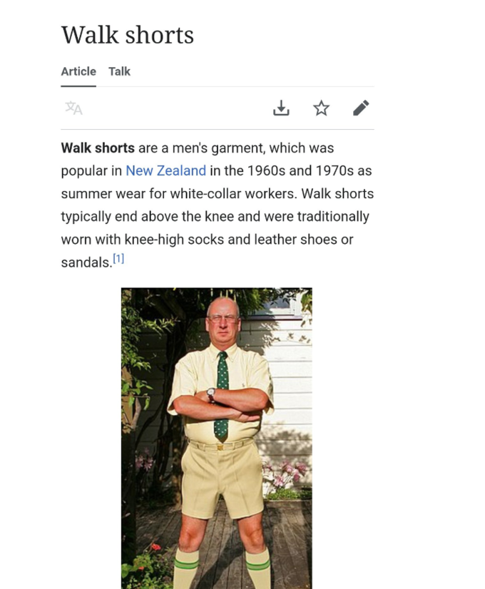 Walk shorts Article Talk ZA ↓ Walk shorts are a men's garment, which was popular in New Zealand in the 1960s and 1970s as summer wear for white-collar workers. Walk shorts typically end above the knee and were traditionally worn with knee-high socks and leather shoes or sandals. [1] S KON