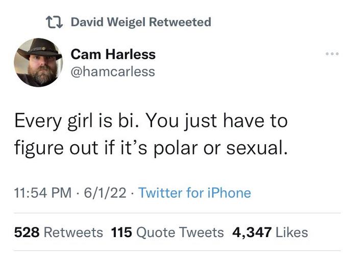 David Weigel Retweeted Cam Harless @hamcarless Every girl is bi. You just have to figure out if it's polar or sexual. 11:54 PM - 6/1/22 Twitter for iPhone 528 Retweets 115 Quote Tweets 4,347 Likes