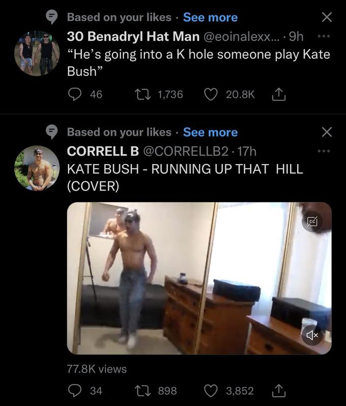 Based on your likes See more 30 Benadryl Hat Man @eoinalexx....9h "He's going into a K hole someone play Kate Bush" 46 1,736 20.8K ‚↑₁ Based on your likes See more CORRELL B @CORRELLB2 17h KATE BUSH - RUNNING UP THAT HILL (COVER) 77.8K views 34 3,852 X 1898 X: