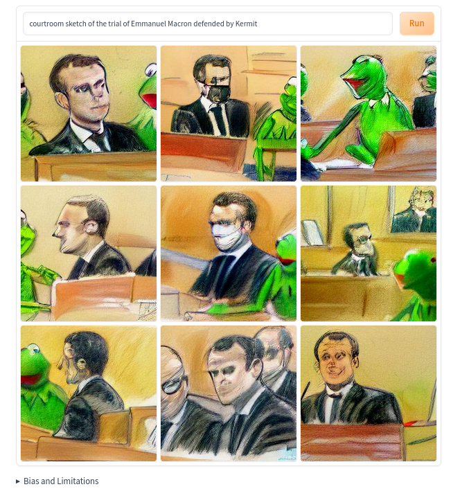 courtroom sketch of the trial of Emmanuel Macron defended by Kermit Bias and Limitations Run