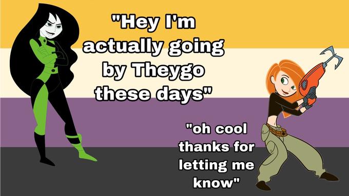 "Hey I'm actually going by Theygo these days" "oh cool thanks for letting me know"