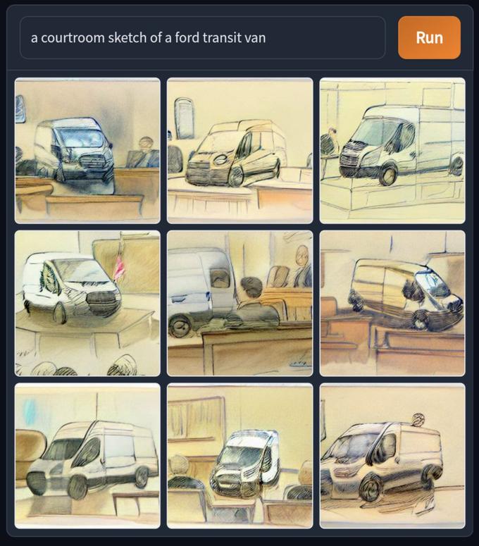SW a courtroom sketch of a ford transit van Run