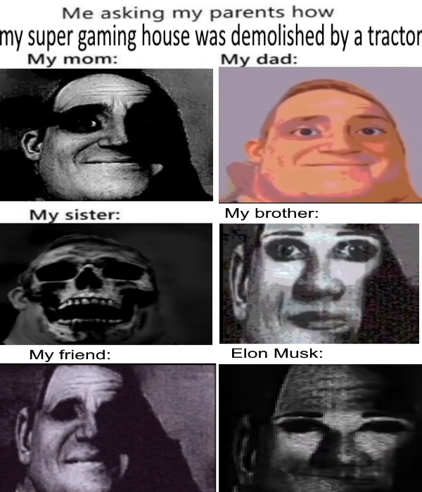 Me asking my parents how my super gaming house was demolished by a tractor My mom: My dad: My sister: My brother: My friend: Elon Musk: