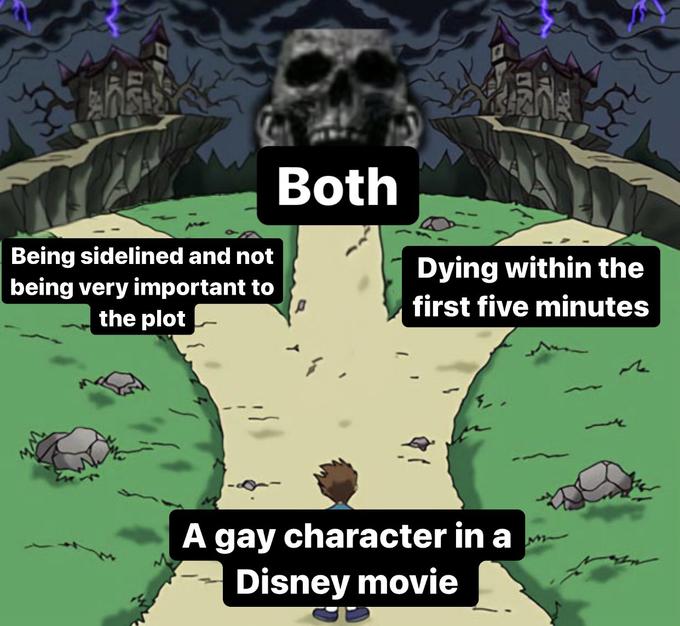 物质量 Being sidelined and not being very important to the plot Both 20A Dying within the first five minutes A gay character in a Disney movie