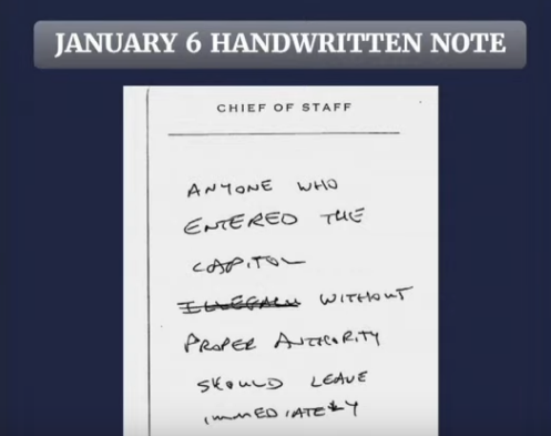 JANUARY 6 HANDWRITTEN NOTE CHIEF OF STAFF WHO ANYONE ENTERED THE CAPITOL ILLEGALL WITHOUT PROPER AUTHORITY Skould LEAVE IMMEDIATELY