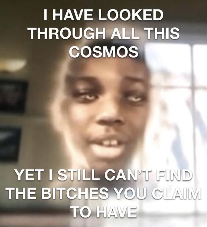 I HAVE LOOKED THROUGH ALL THIS COSMOS YET I STILL CAN'T FIND THE BITCHES YOU CLAIM TO HAVE