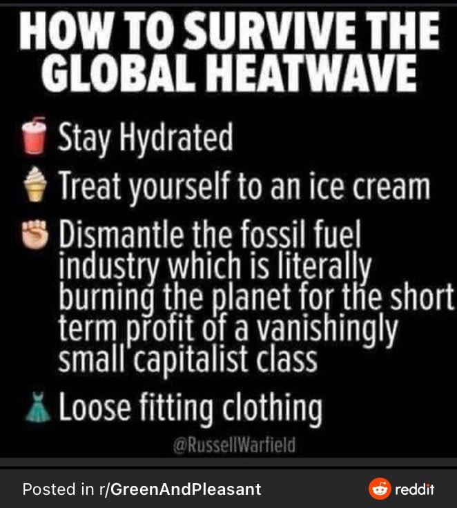 HOW TO SURVIVE THE GLOBAL HEATWAVE Stay Hydrated Treat yourself to an ice cream Dismantle the fossil fuel industry which is literally burning the planet for the short term profit of a vanishingly small capitalist class Loose fitting clothing @RussellWarfield Posted in r/GreenAndPleasant reddit