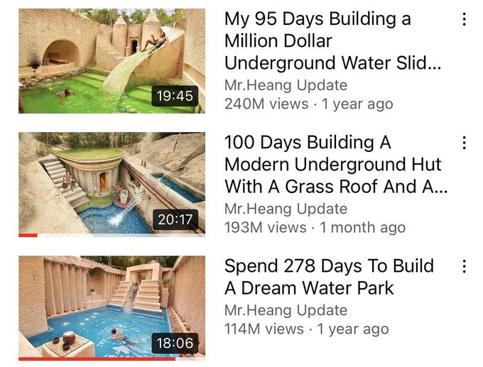 19:45 20:17 18:06 My 95 Days Building a Million Dollar Underground Water Slid... Mr.Heang Update 240M views • 1 year ago 100 Days Building A Modern Underground Hut With A Grass Roof And A... Mr.Heang Update 193M views 1 month ago • Spend 278 Days To Build A Dream Water Park Mr.Heang Update 114M views • 1 year ago : :