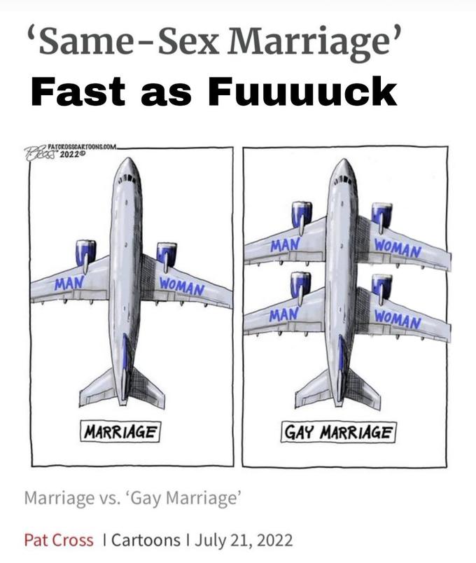 'Same-Sex Marriage' Fast as Fuuuuck PATCROSSCARTOONS.COM RS 2022 MAN MARRIAGE WOMAN MAN MAN WOMAN Marriage vs. 'Gay Marriage' Pat Cross | Cartoons I July 21, 2022 WOMAN GAY MARRIAGE