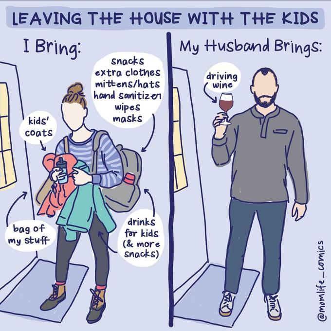LEAVING THE HOUSE WITH THE KIDS I Bring: My Husband Brings: kids' coats bag of my stuff snacks extra clothes mittens/hats hand sanitizen wipes masks drinks for kids (& more snacks) driving wine @momlife_comics