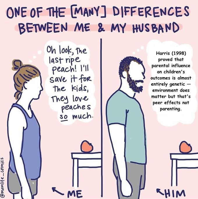 @momlife_comics ONE OF THE [MANY] DIFFERENCES BETWEEN ME & MY HUSBAND Oh look, the last ripe peach! I'll save it for the kids, They love peaches so much. сме ME Harris (1998) proved that parental influence on children's outcomes is almost entirely genetic environment does matter but that's peer effects not parenting. SHIM -