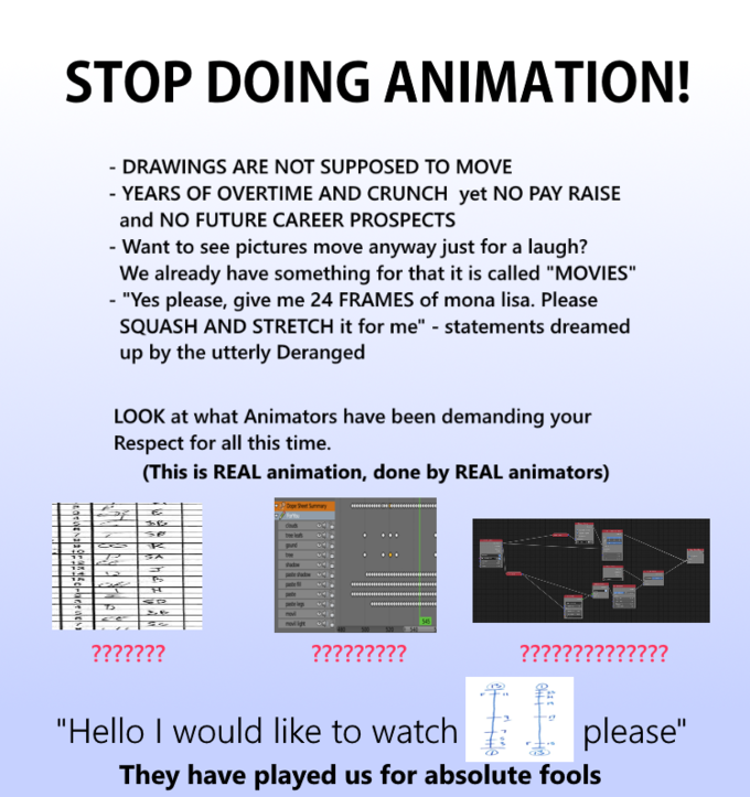 STOP DOING ANIMATION! 7 H +7 18 125 14 12 O S - DRAWINGS ARE NOT SUPPOSED TO MOVE - YEARS OF OVERTIME AND CRUNCH yet NO PAY RAISE and NO FUTURE CAREER PROSPECTS - Want to see pictures move anyway just for a laugh? We already have something for that it is called "MOVIES" - "Yes please, give me 24 FRAMES of mona lisa. Please SQUASH AND STRETCH it for me" - statements dreamed up by the utterly Deranged LOOK at what Animators have been demanding your Respect for all this time. (This is REAL animation, done by REAL animators) .. R 22 15 3 H FO ??????? Sheet Summary gound be p paste ????????? "Hello I would like to watch ?????????????? please" They have played us for absolute fools