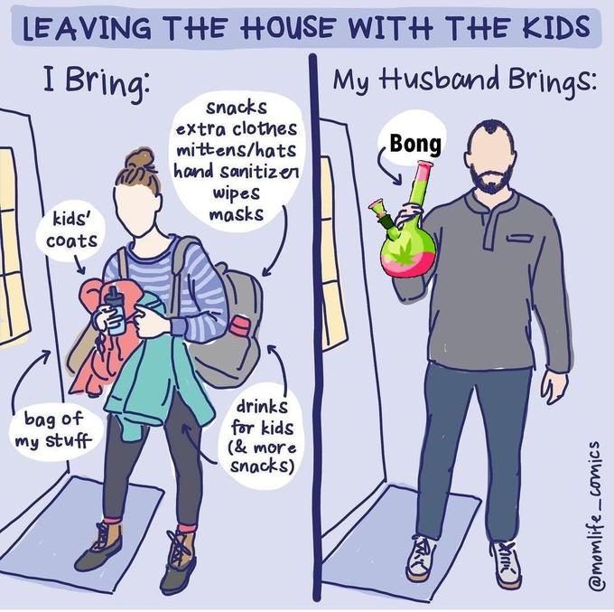 LEAVING THE HOUSE WITH THE KIDS I Bring: My Husband Brings: Bong kids' coats bag of my stuff snacks extra clothes mittens/hats hand sanitizer wipes masks drinks for kids (& more snacks) @momlife_comics