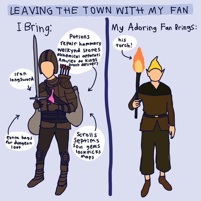 LEAVING THE TOWN WITH MY FAN I Bring: My Adoring Fan Brings: his torch! Iron long Sword ↓ extra bags for dungeon loot Potions repair hammers welkynd stones alchemical apparati Amulet of kings (won't deliver) Scrolls Septims Soul gems lock PICKS maps