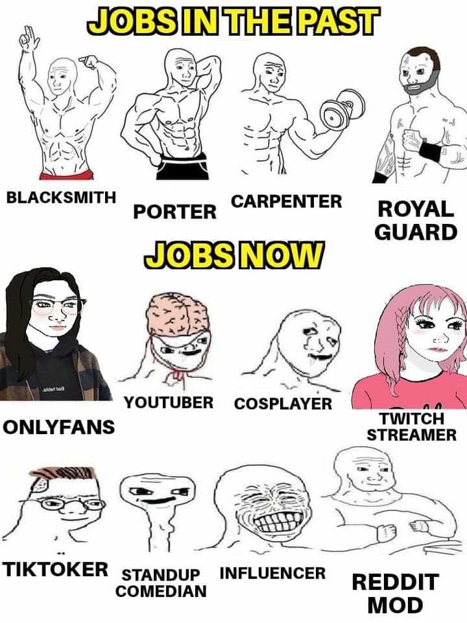 JOBS IN THE PAST BLACKSMITH ONLYFANS CARPENTER PORTER JOBS NOW YOUTUBER COSPLAYER TIKTOKER STANDUP INFLUENCER COMEDIAN Th ROYAL GUARD TWITCH STREAMER REDDIT MOD
