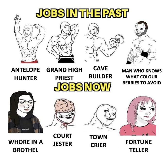 JOBS IN THE PAST ANTELOPE GRAND HIGH HUNTER atidet bull W---- IN A BROTHEL CAVE BUILDER PRIEST JOBS NOW COURT JESTER TOWN CRIER MAN WHO KNOWS WHAT COLOUR BERRIES TO AVOID FORTUNE TELLER